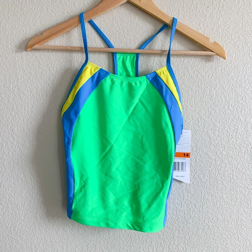 NWT Speedo Neon Green, Blue, Yellow Tankini Bikini Top Size 14